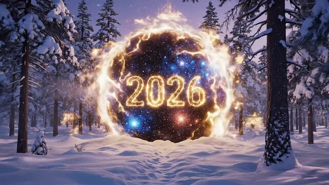 Enchanted Winter Portal for 2026 - This captivating video features a glowing portal with the year "2026" inscribed in a starry night sky, surrounded by a magical, fiery aura.