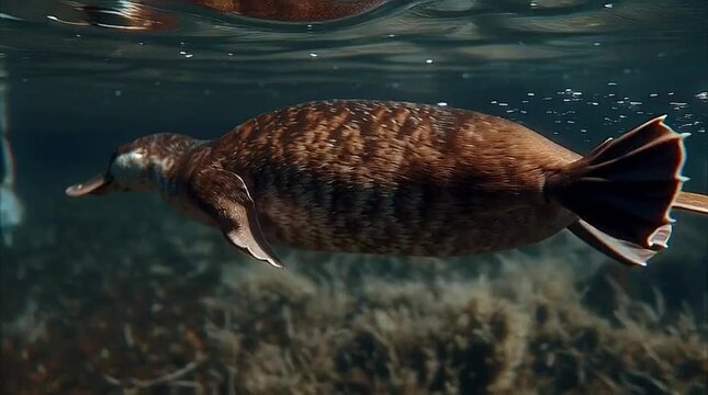 A rare underwater view of a platypus swimming gracefully in a freshwater lake, captured with a telephoto underwater lens and soft natural aquatic light