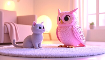 3D cartoon owl and cat playing together on a cozy rug inside a bright modern home. A warm and adorable scene of friendship and happiness