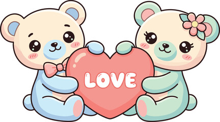 Cute teddy bear couple holding heart love sign adorable cartoon illustration perfect for Valentine greeting romantic gift designs and children&rsquo;s artwork
