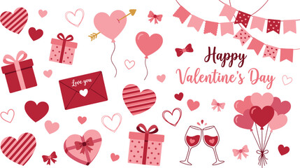 Cute Valentine’s Day elements collection with hearts, gifts, balloons, love icons, romantic decorations, festive celebration illustration for greeting cards © MdSakila