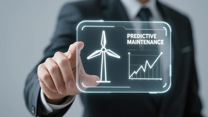 Predictive maintenance engineer. Predictive maintenance concept with digital screen showing wind turbine and rising graph symbolizing technology data driven energy management business energy - Powered by Adobe