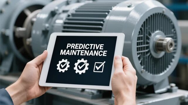 Predictive maintenance engineer. Predictive maintenance tablet displaying industrial electric motor technology for machine condition monitoring and repair planning enhancing efficient operation