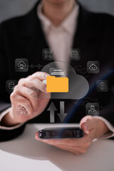 Businessman using cloud online database server upload transfer backup storage global digital data service, futuristic information technology concept