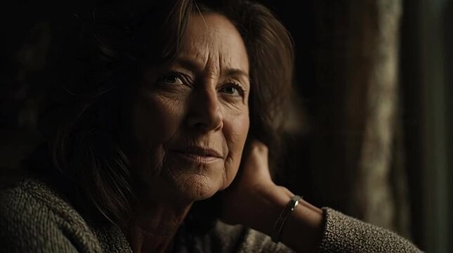 A calm and thoughtful portrait of a mature stepmother sitting indoors