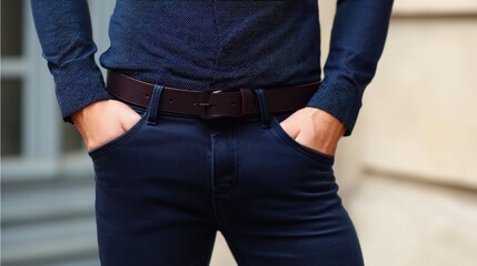 A well dressed man stands with his hands in pockets wearing a fitted blouse and dark pants. He poses against a backdrop of a city building showcasing his fashion sense in bright sunlight.