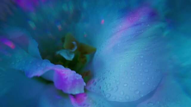 Floral light. Blue water petals. Defocused pink purple color liquid plant rainbow flower pistils eustoma on abstract art background.
