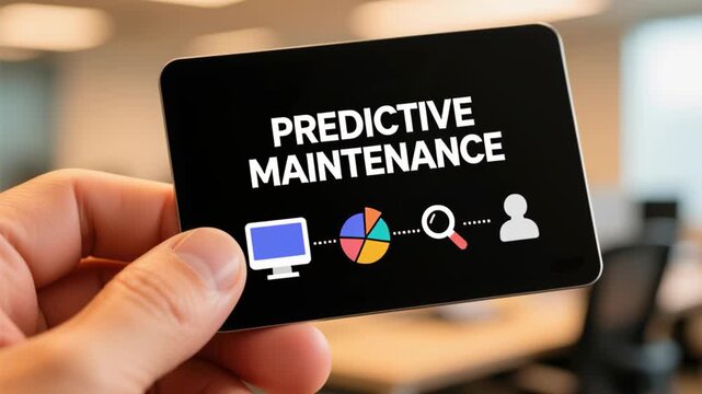 Predictive maintenance engineer. Predictive maintenance card held by hand displaying computer, pie chart, magnifying glass, and user icons symbolizing data analysis and proactive service technology