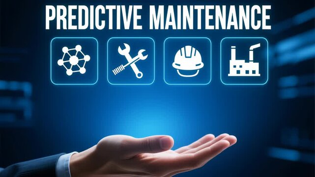 Predictive maintenance engineer. Predictive maintenance concept featuring hand holding digital icons network tools safety helmet factory symbolizing industrial technology proactive repair solutions
