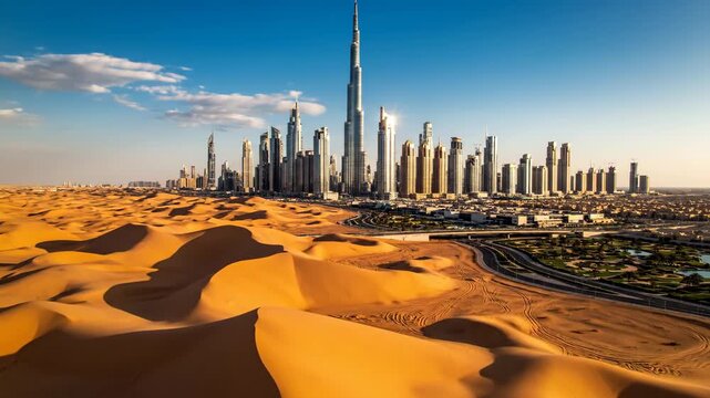 Modern Cityscape Against Desert Dunes - This stunning video showcases a juxtaposition of a modern skyline dominated by towering buildings set against the expansive golden dunes of a desert.