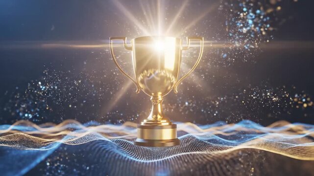 Shining Golden Trophy with Sparkles - A gleaming golden trophy is displayed against a backdrop of shimmering lights and swirling particles.