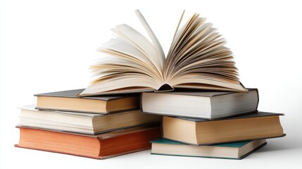A stack of colorful books is arranged with an open book on top. The pages are fanned out inviting readers to explore the stories inside. This scene suggests a love for reading and learning.