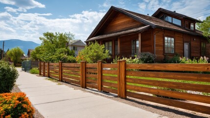 A charming wooden house is surrounded by lush greenery and colorful flowers. The well maintained fence and pathway create a welcoming atmosphere in the sunny neighborhood.