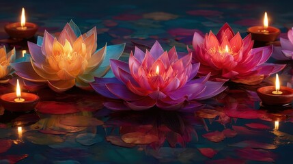 Four vibrant lotus flowers in shades of pink purple and blue float on calm water surrounded by candles. The setting inspires tranquility and beauty during a peaceful evening.