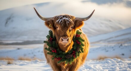 Fluffy bovine animal wearing festive greenery stands in a bright winter landscape