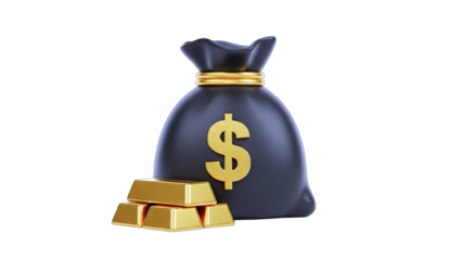 Gold Bars and Money Bag with Dollar Sign on White Background