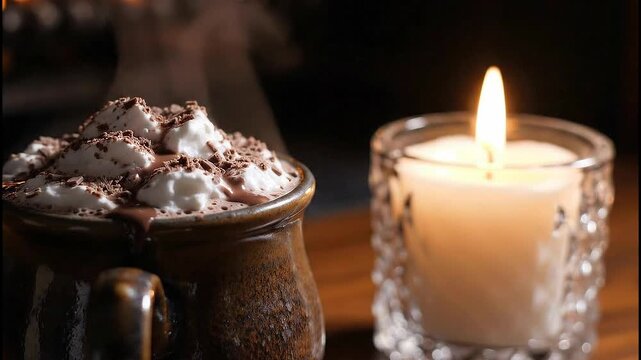 Steaming Hot Chocolate Mug with Whipped Cream and Cocoa Next to Candle
