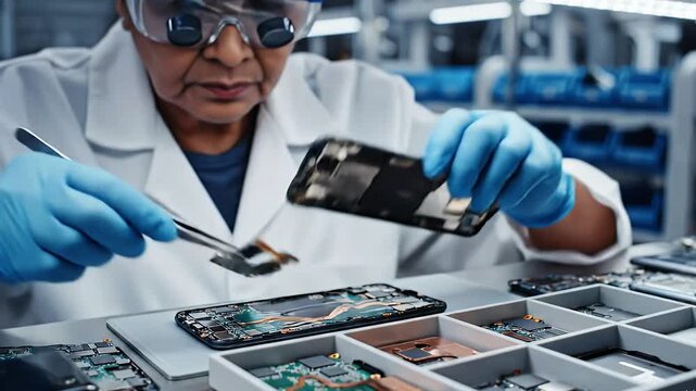 Electronics Engineer Repairing Smartphone Motherboard with Tweezers in a Lab