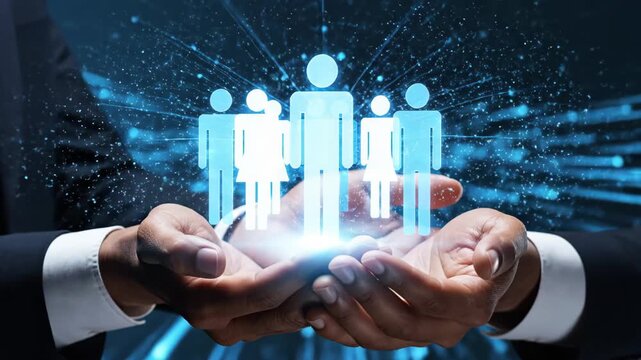 Digital Human Resource Management Concept - A pair of hands gently cradles glowing human figures, representing the concept of digital human resources and workforce management.