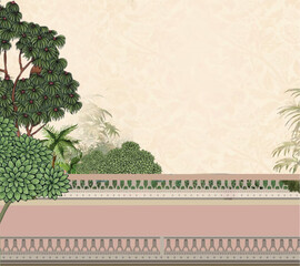 Indian Mughal hand drawn floral garden ,Traditional Mughal forest, garden, arch, peacock, bird illustration. vector mural plant wallpaper Rajasthan © Nayan