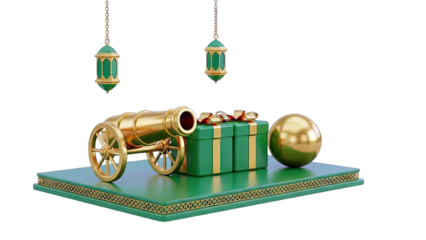 Golden Cannon, Gift Box, and Lanterns on Green Platform - Festive Design