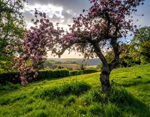 Flowering tree on a grassy hill, bathed in sunlight