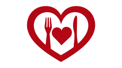 A clean vector icon of a heart surrounding a stylized plate and fork, isolated on a Transparent background
