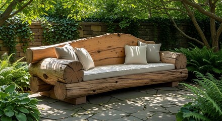 Rustic handcrafted wooden settee rests invitingly on a shaded stone patio surrounded by lush greenery