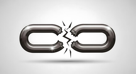 Metallic chain link snaps apart under strain against a light gray background