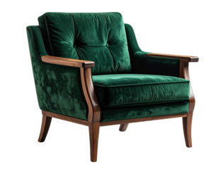  Dark Green Velvet Armchair with Wooden Accents – Cozy Reading Nook PNG