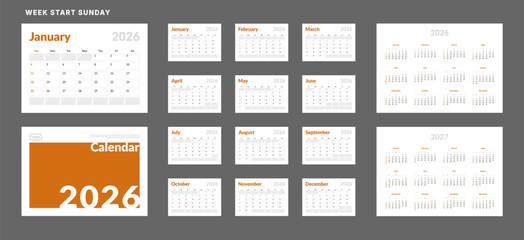 2026 Calendar Planner Set of Template grid Monthly Page, Cover with Place for Photo, Company Logo, Annual 2026, 2027. Vector layout of wall or desk organizer ready print. Week start Sunday. Pages A4