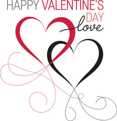 Valentine's Day greeting, intertwined hearts design, romantic celebration art, love message illustration, red black heart swirl, festive holiday graphic