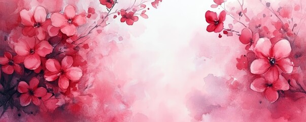 watercolor background with pink and red flowers, pastel colors, white space in the center of the composition, pink tones, Generative AI