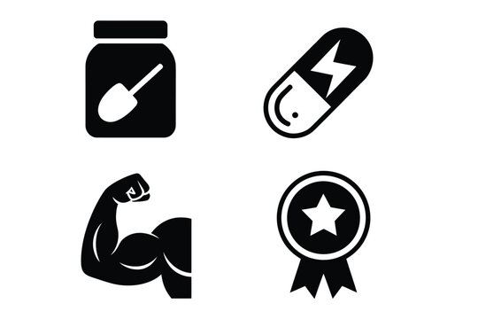 Sport supplements vector icon set, for fitness and bodybuilding, featuring whey protein powder, energy pills, pre-workout boost, muscle growth, strength training and performance icons in clean vector 