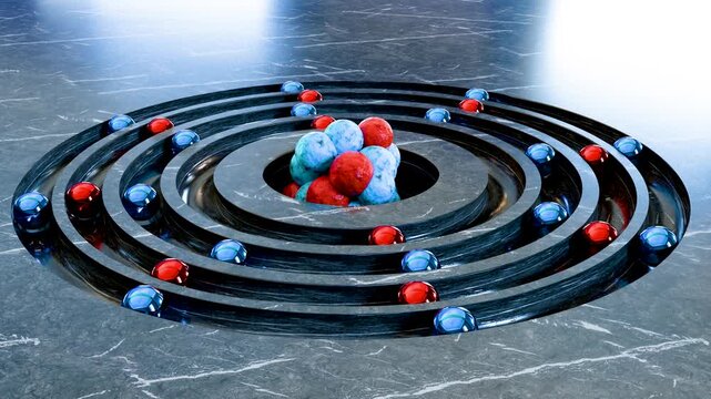 Atom anatomy, Atomic model or structure , alpha channel, electrons orbiting the nucleus particles, Single atom and its electron cloud. Quantum mechanics and atomic, Neutrons and protons, 3d render