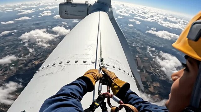 Rope Access Technician Attaching Safety Gear on Wind Turbine Tower During Maintenance