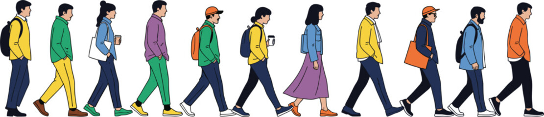 People walking in line side view urban lifestyle pedestrians commuting diversity crowd movement flat vector illustration