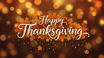 Warm autumnal greetings with Happy Thanksgiving typography and falling leaf accents