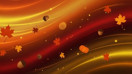 Whimsical autumn scene with falling leaves acorns and a pumpkin on glowing wavy lines