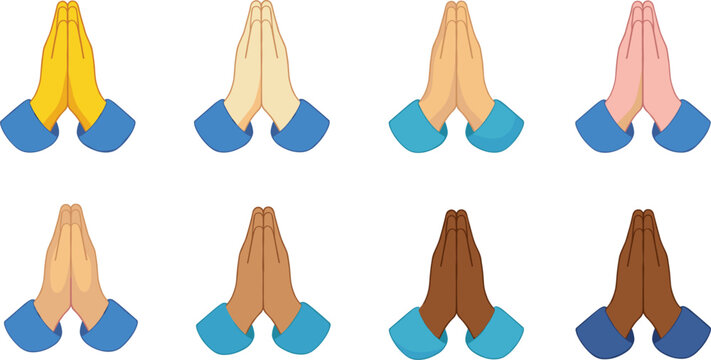 Praying hands emoji style illustration set with diverse skin tones spiritual gesture vector collection
