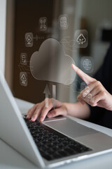 Businessman using cloud data backup storage server transfer document and file online download upload, futuristic information network technology concept