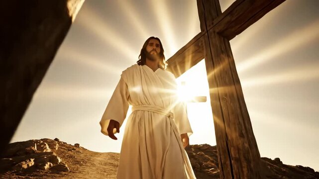 Inspirational Scene of a Religious Figure Walking Towards a Cross - The video depicts a serene landscape featuring a religious figure clad in a flowing white robe, walking confidently toward a wooden