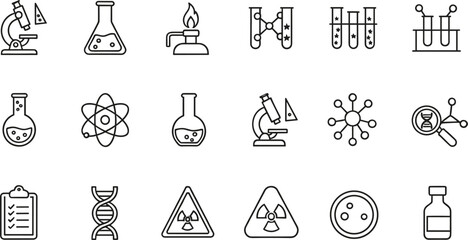 Science laboratory line icon set with microscope test tube atom DNA chemistry research symbols