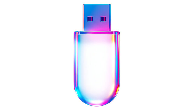 A futuristic glowing usb flash drive design with vibrant neon chromatic aberration