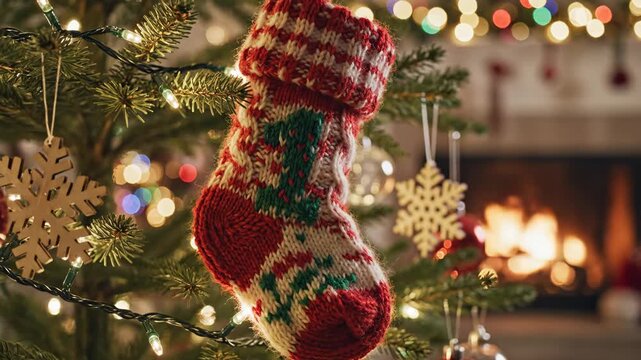 Cozy Christmas Stocking on a Tree - A beautifully knitted Christmas stocking, designed with festive red and green patterns, hangs from a decorated evergreen tree.