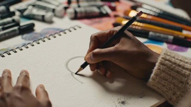 Overhead View Of Artist Hands Sketching On Paper With Pencil Surrounded By Art Supplies For Creative Design Concept And Future Purpose