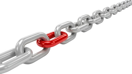 Obraz premium A single red link stands out from the long metallic silver chain on a black background