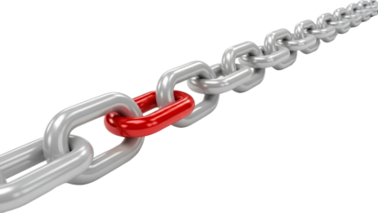 A single red link stands out from the long metallic silver chain on a black background