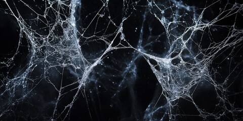Black background with white spider webs, hanging from the left and right sides of the screen The webs are thin and long, Generative AI