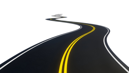 A winding asphalt road with double yellow lines against a solid black background